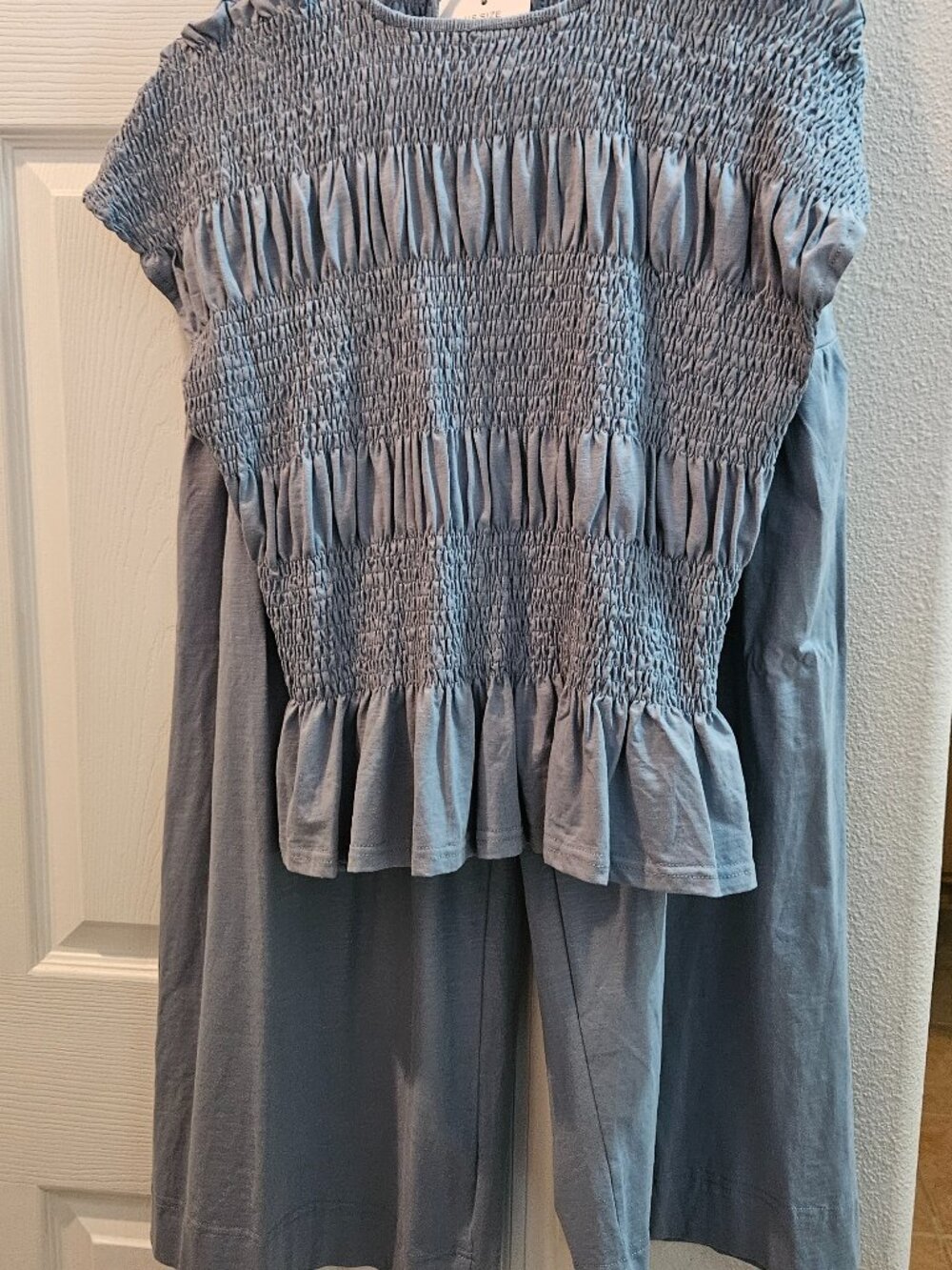 Fashion women's 2 pc blue smocked top & wide-leg pants elastic waist pocket smal